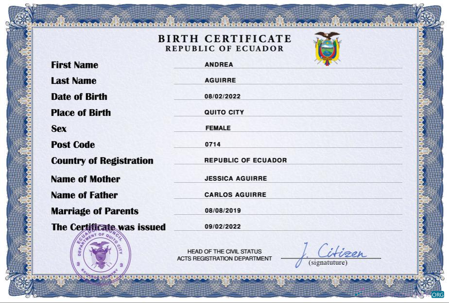 Download Ecuador birth certificate Photoshop template